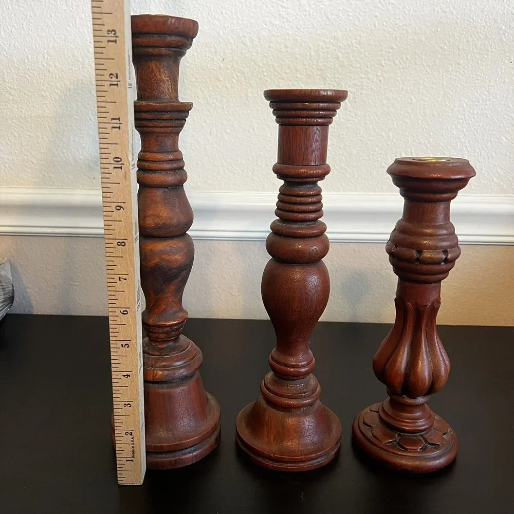 Set‎ Of 3 Handcrafted Wooden Candlestick / Candle Holder Tapered Boho Farmhouse